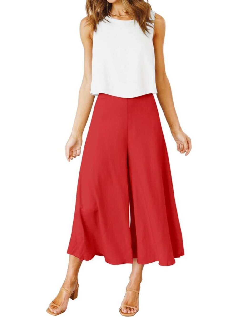 Women's Summer 2 Piece White Red Round Neck Crop Top Cropped Wide Leg Jumpsuit